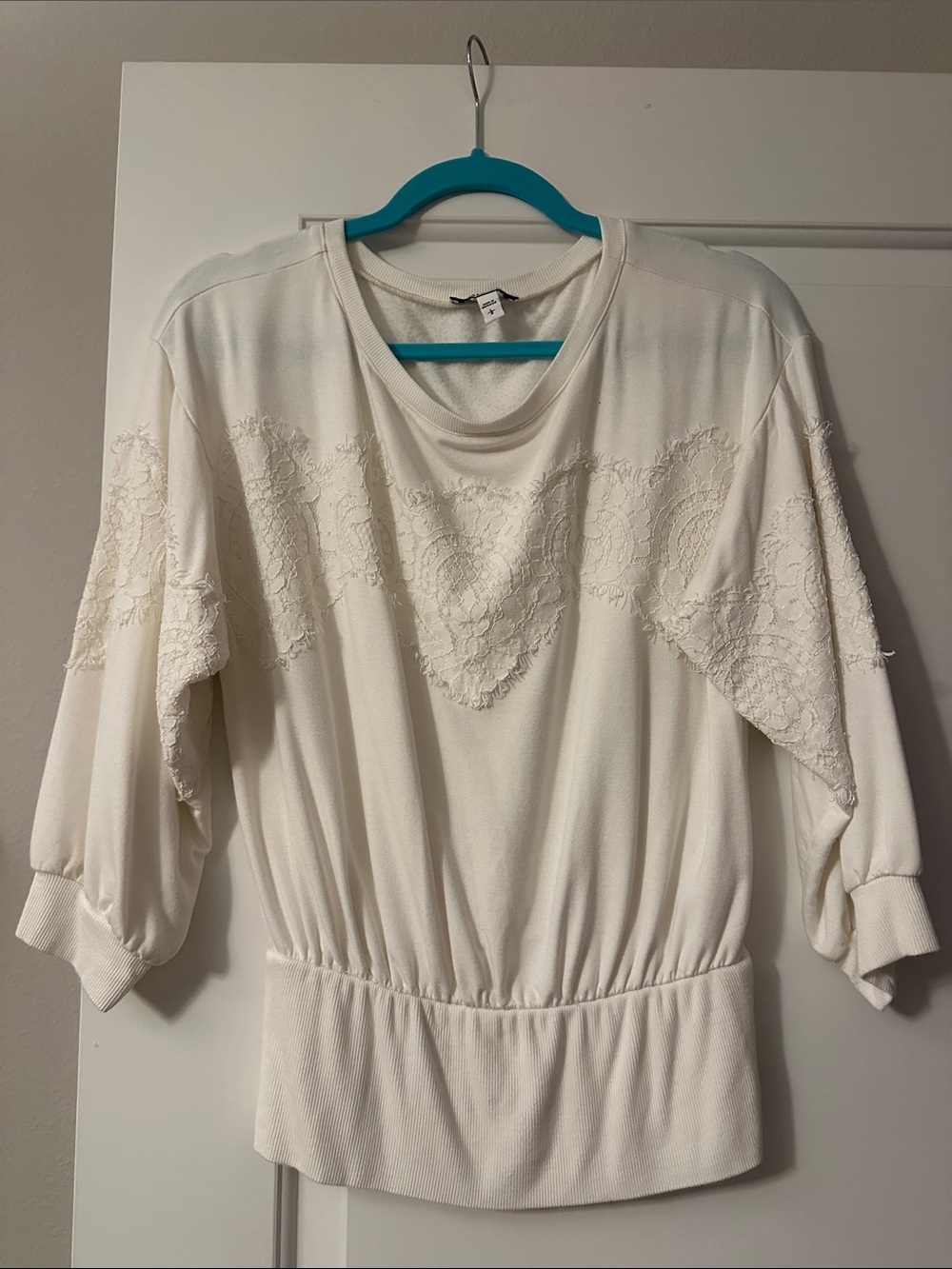 Express Cream Lace Accent Puff Sleeve Blouse